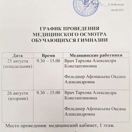 График проведения медицинского осмотра обучающихся гимназии.